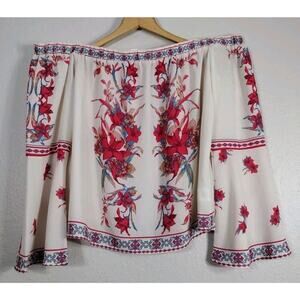 Women's Boho Top Floral Blouse Open Shoulder Bohemian Embroidered Size L